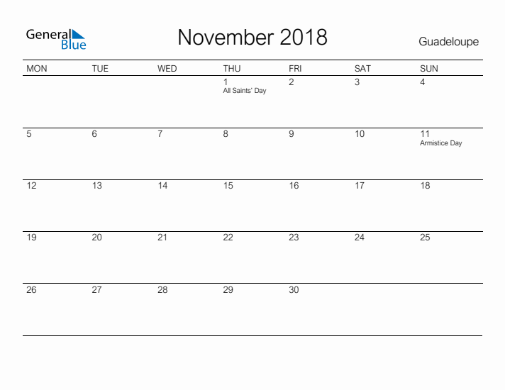 Printable November 2018 Calendar for Guadeloupe