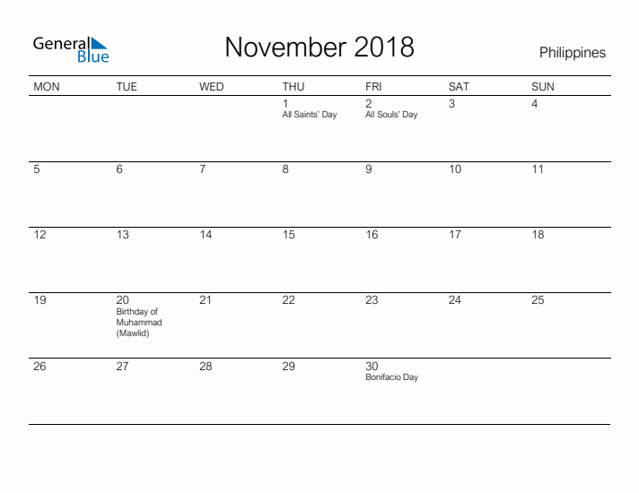 Printable November 2018 Calendar for Philippines