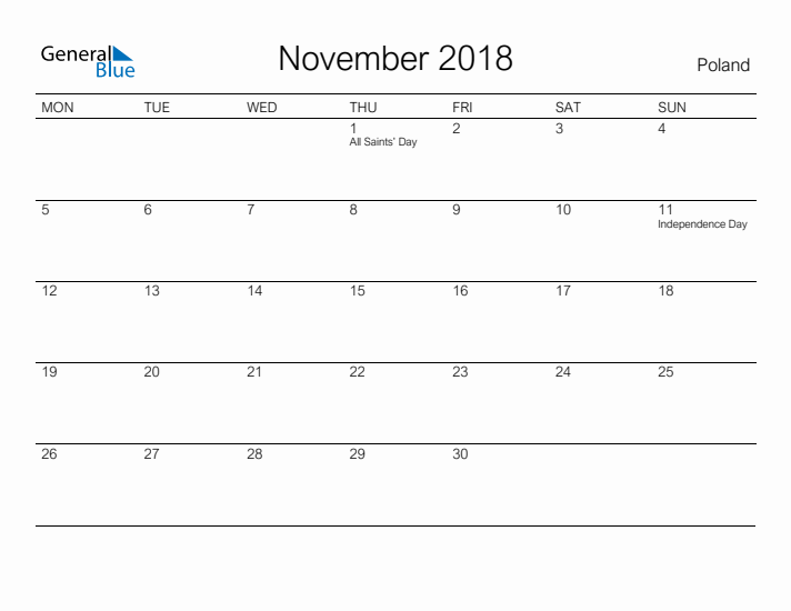 Printable November 2018 Calendar for Poland