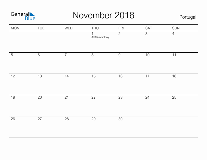 Printable November 2018 Calendar for Portugal