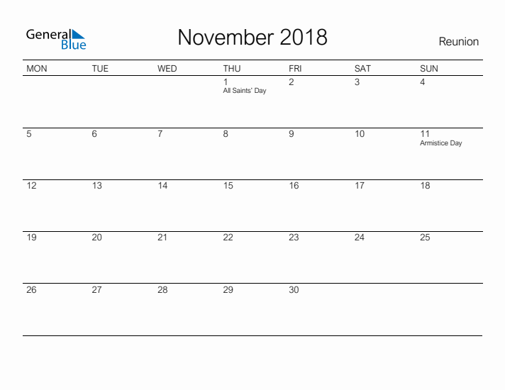 Printable November 2018 Calendar for Reunion