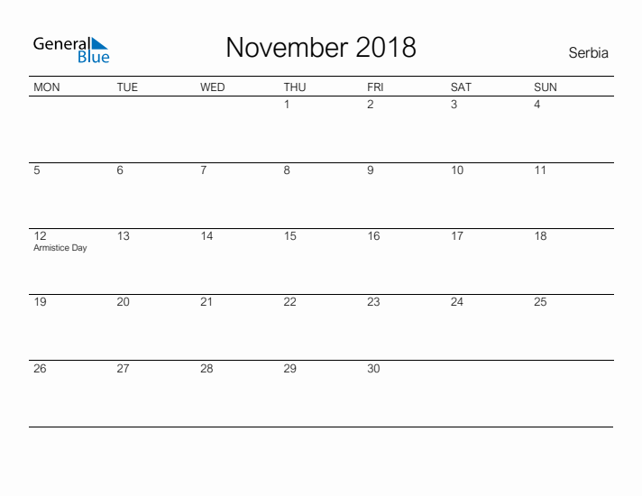 Printable November 2018 Calendar for Serbia