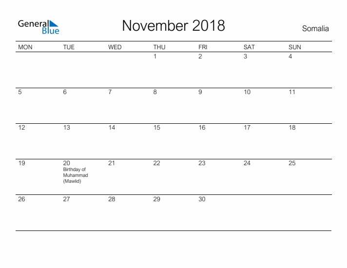 Printable November 2018 Calendar for Somalia