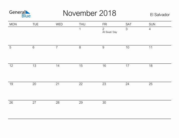 Printable November 2018 Calendar for El Salvador