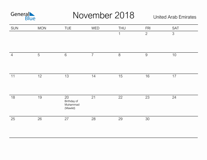 Printable November 2018 Calendar for United Arab Emirates