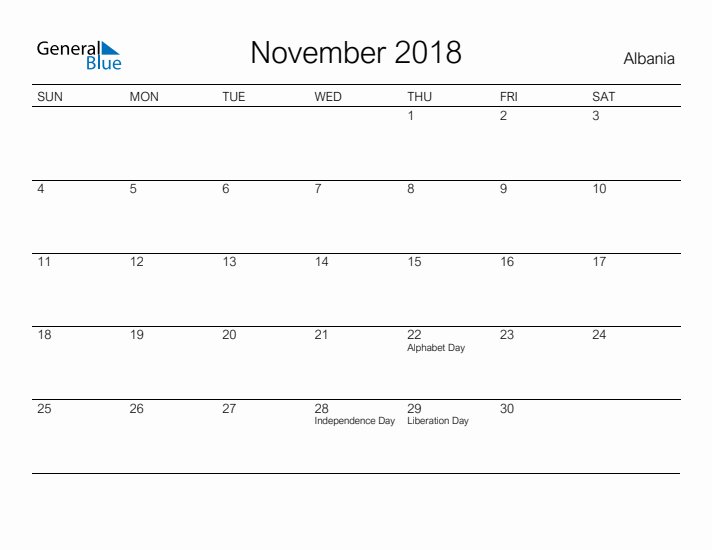 Printable November 2018 Calendar for Albania