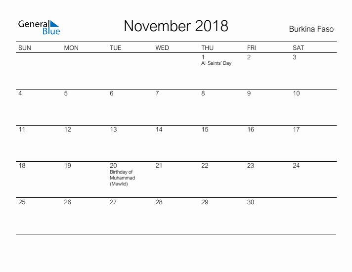 Printable November 2018 Calendar for Burkina Faso