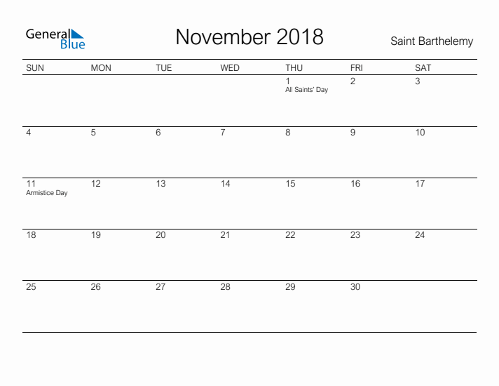 Printable November 2018 Calendar for Saint Barthelemy