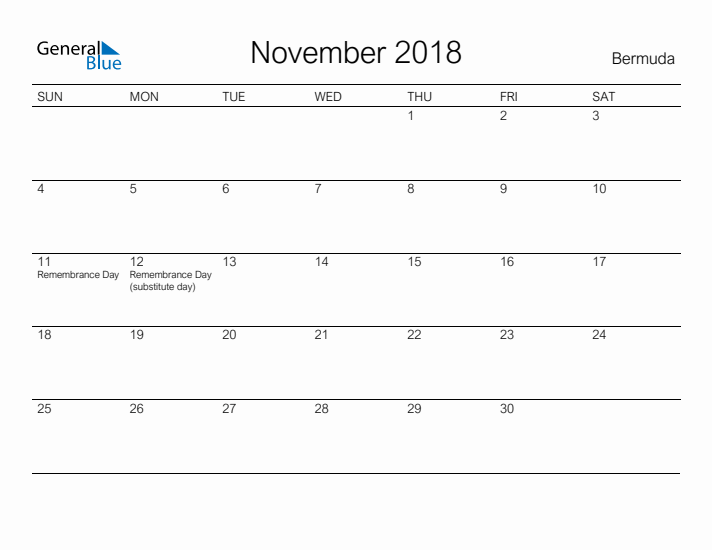 Printable November 2018 Calendar for Bermuda