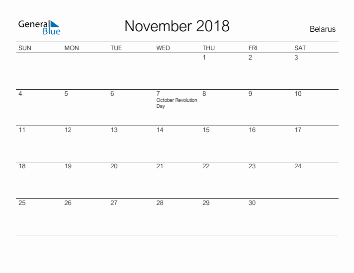 Printable November 2018 Calendar for Belarus