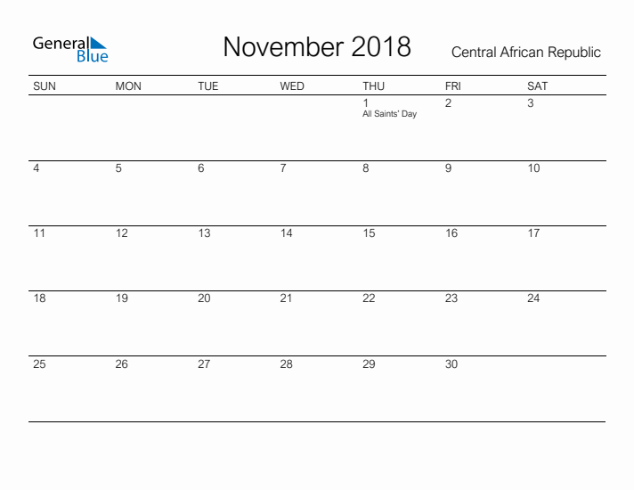 Printable November 2018 Calendar for Central African Republic