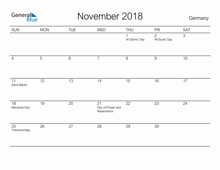 Printable November 2018 Calendar for Germany