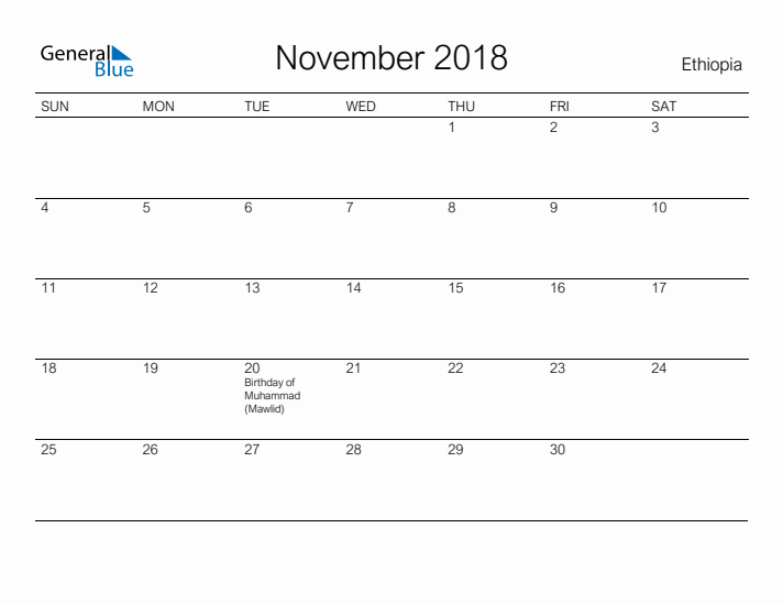 Printable November 2018 Calendar for Ethiopia