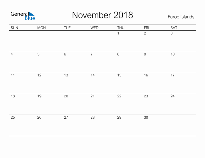 Printable November 2018 Calendar for Faroe Islands