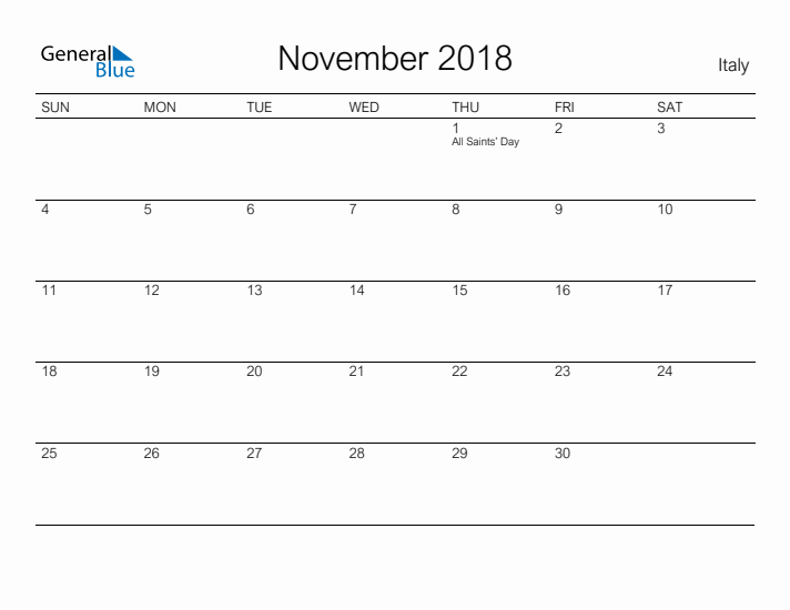 Printable November 2018 Calendar for Italy