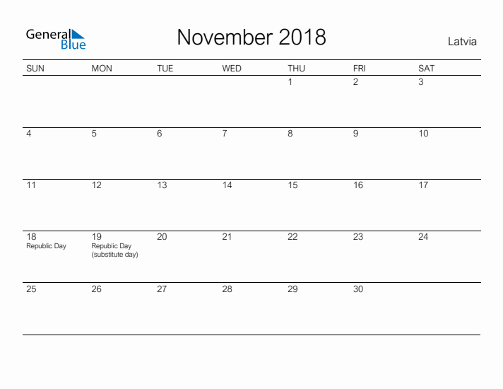 Printable November 2018 Calendar for Latvia