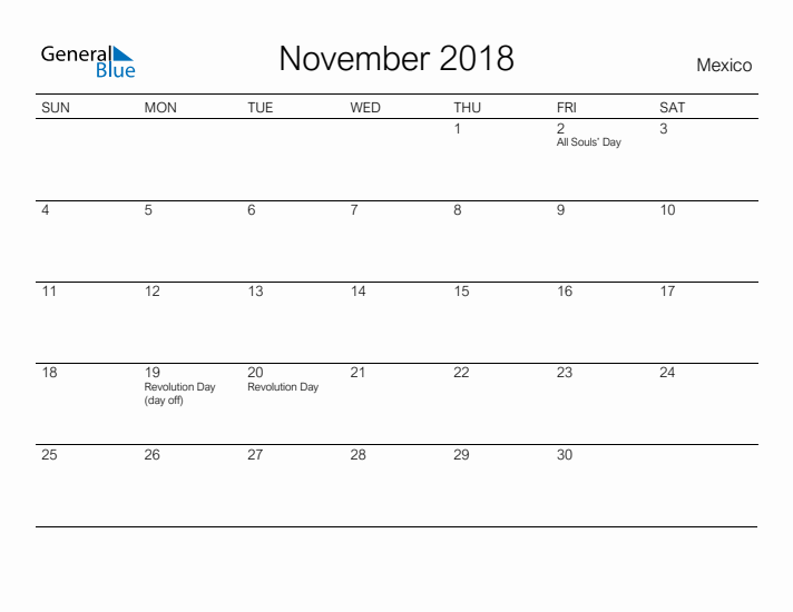 Printable November 2018 Calendar for Mexico