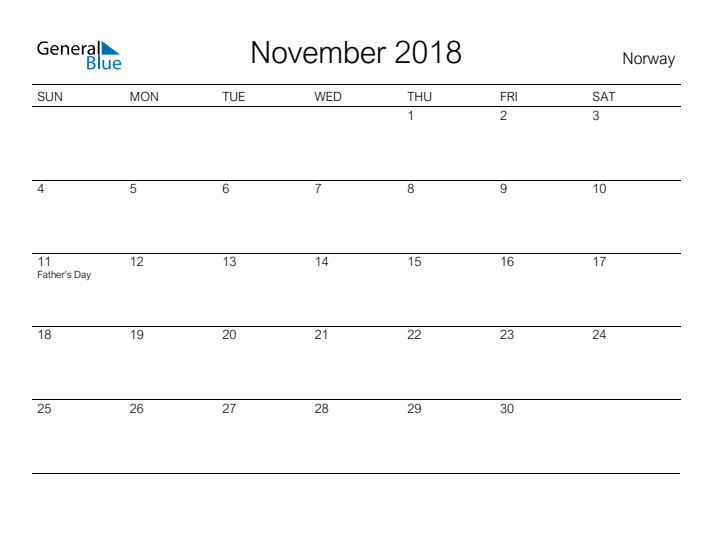 Printable November 2018 Calendar for Norway