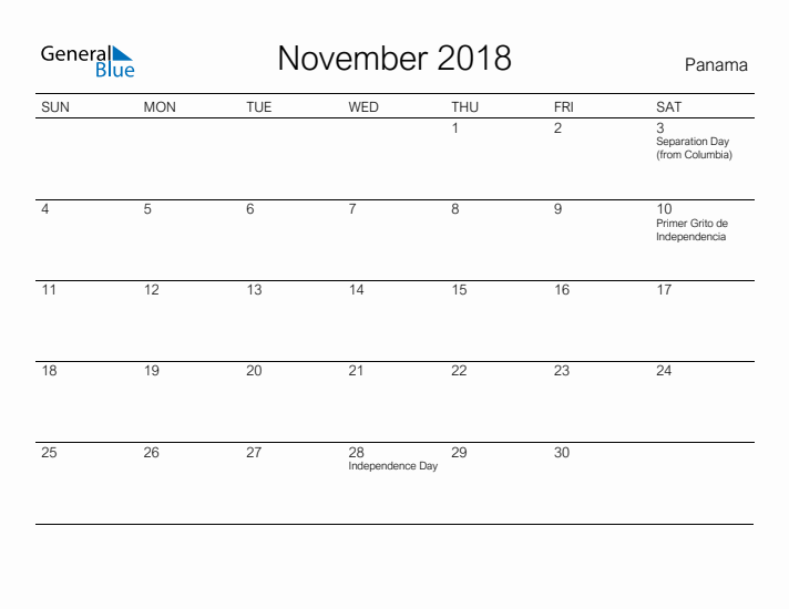 Printable November 2018 Calendar for Panama