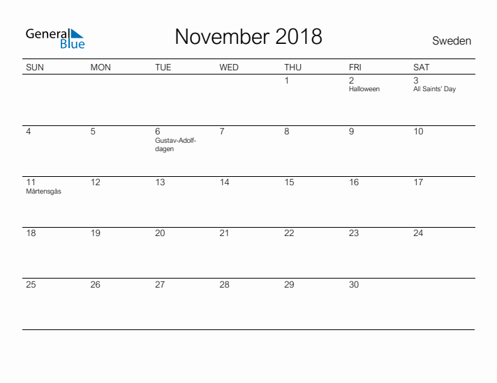 Printable November 2018 Calendar for Sweden