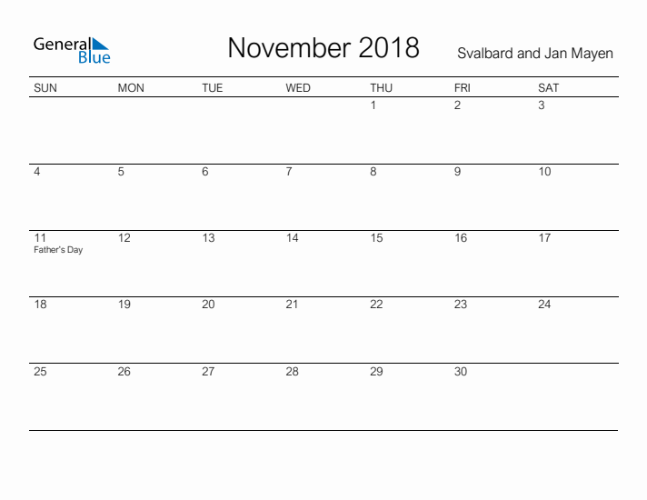 Printable November 2018 Calendar for Svalbard and Jan Mayen