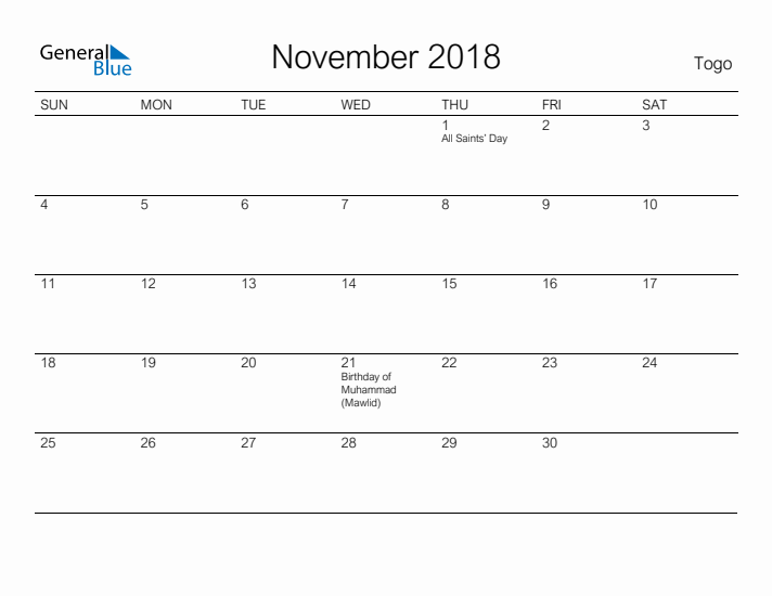 Printable November 2018 Calendar for Togo