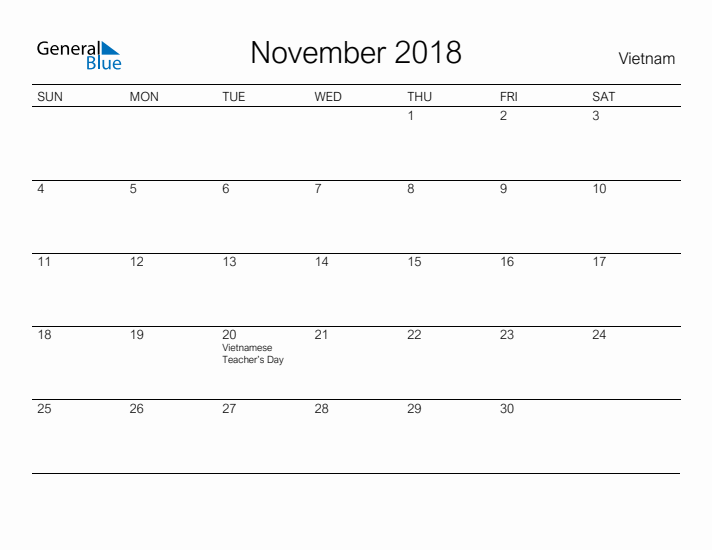 Printable November 2018 Calendar for Vietnam