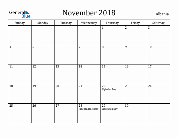 November 2018 Calendar Albania