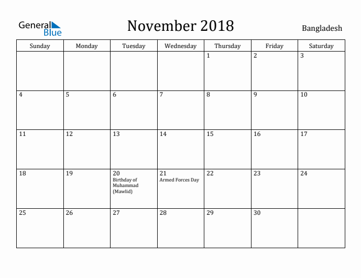 November 2018 Calendar Bangladesh