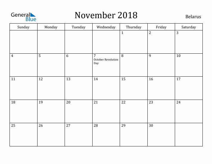 November 2018 Calendar Belarus