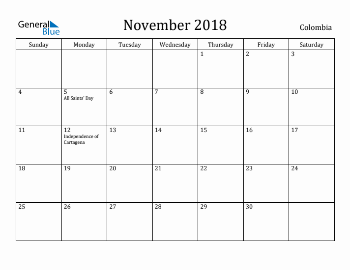 November 2018 Calendar Colombia