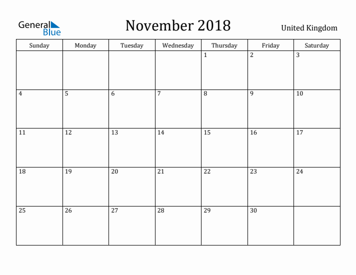 November 2018 Calendar United Kingdom