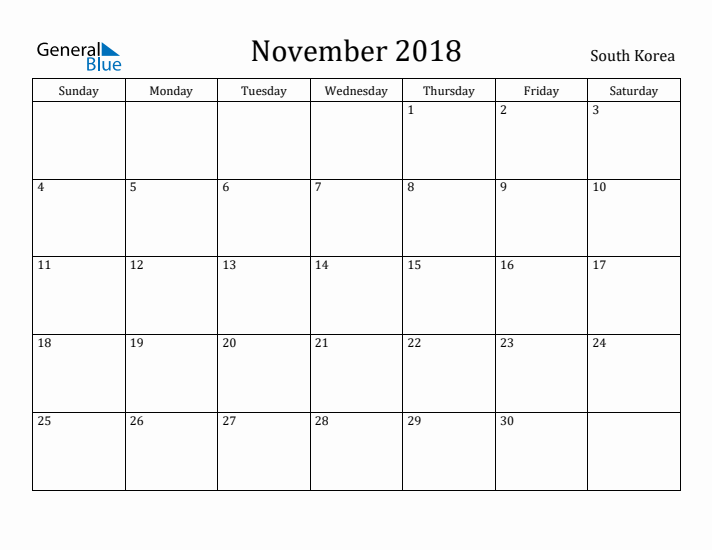 November 2018 Calendar South Korea