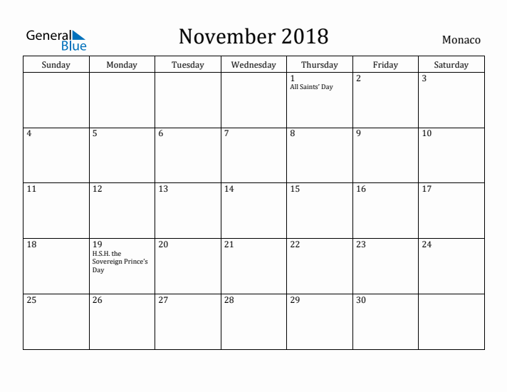 November 2018 Calendar Monaco