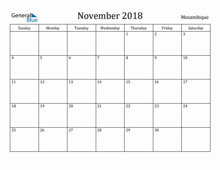 November 2018 Calendar Mozambique