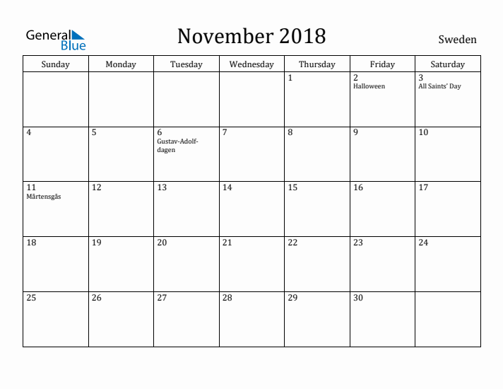 November 2018 Calendar Sweden