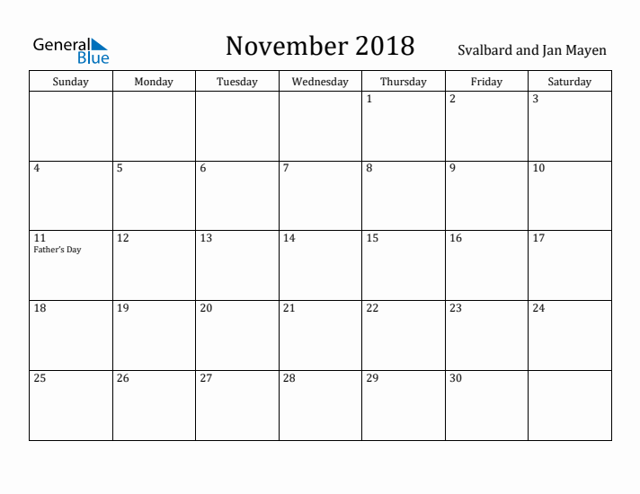 November 2018 Calendar Svalbard and Jan Mayen