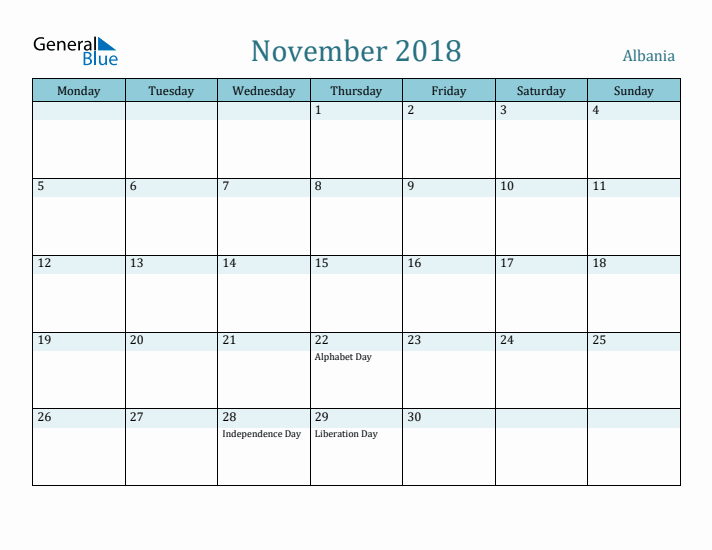 November 2018 Calendar with Holidays