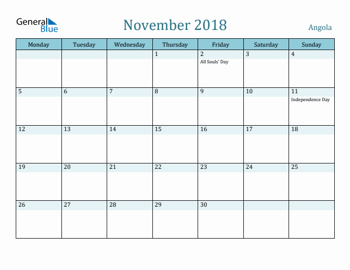 November 2018 Calendar with Holidays