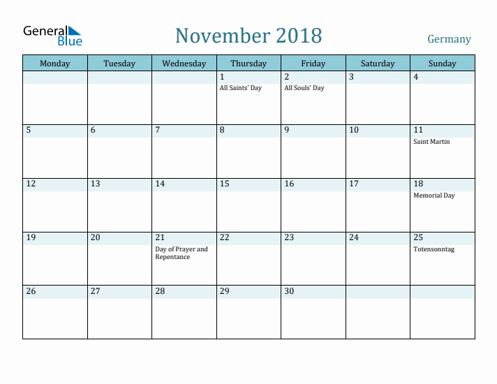 November 2018 Calendar with Holidays