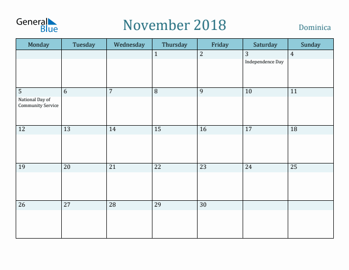 November 2018 Calendar with Holidays