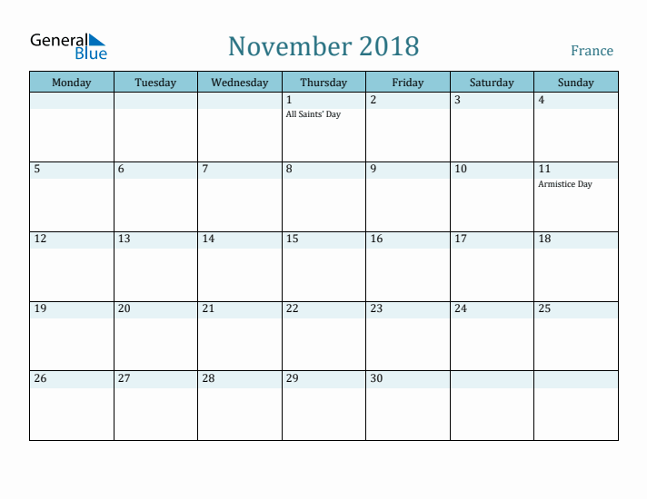 November 2018 Calendar with Holidays