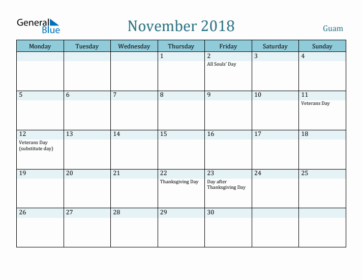 November 2018 Calendar with Holidays