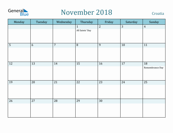 November 2018 Calendar with Holidays