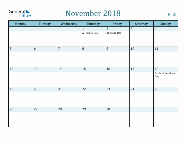 November 2018 Calendar with Holidays