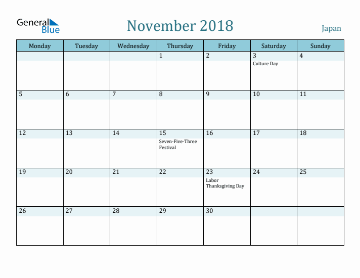 November 2018 Calendar with Holidays