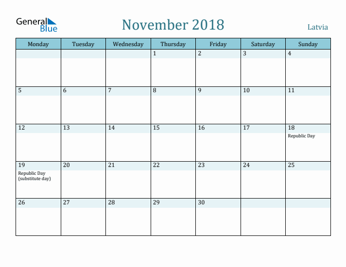 November 2018 Calendar with Holidays