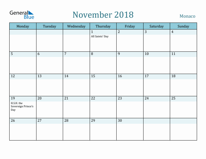 November 2018 Calendar with Holidays