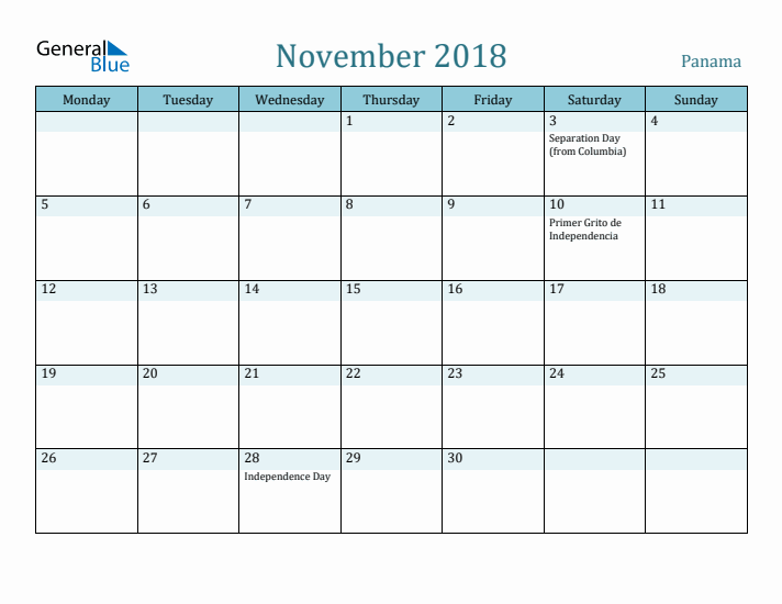 November 2018 Calendar with Holidays