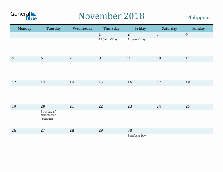 November 2018 Calendar with Holidays